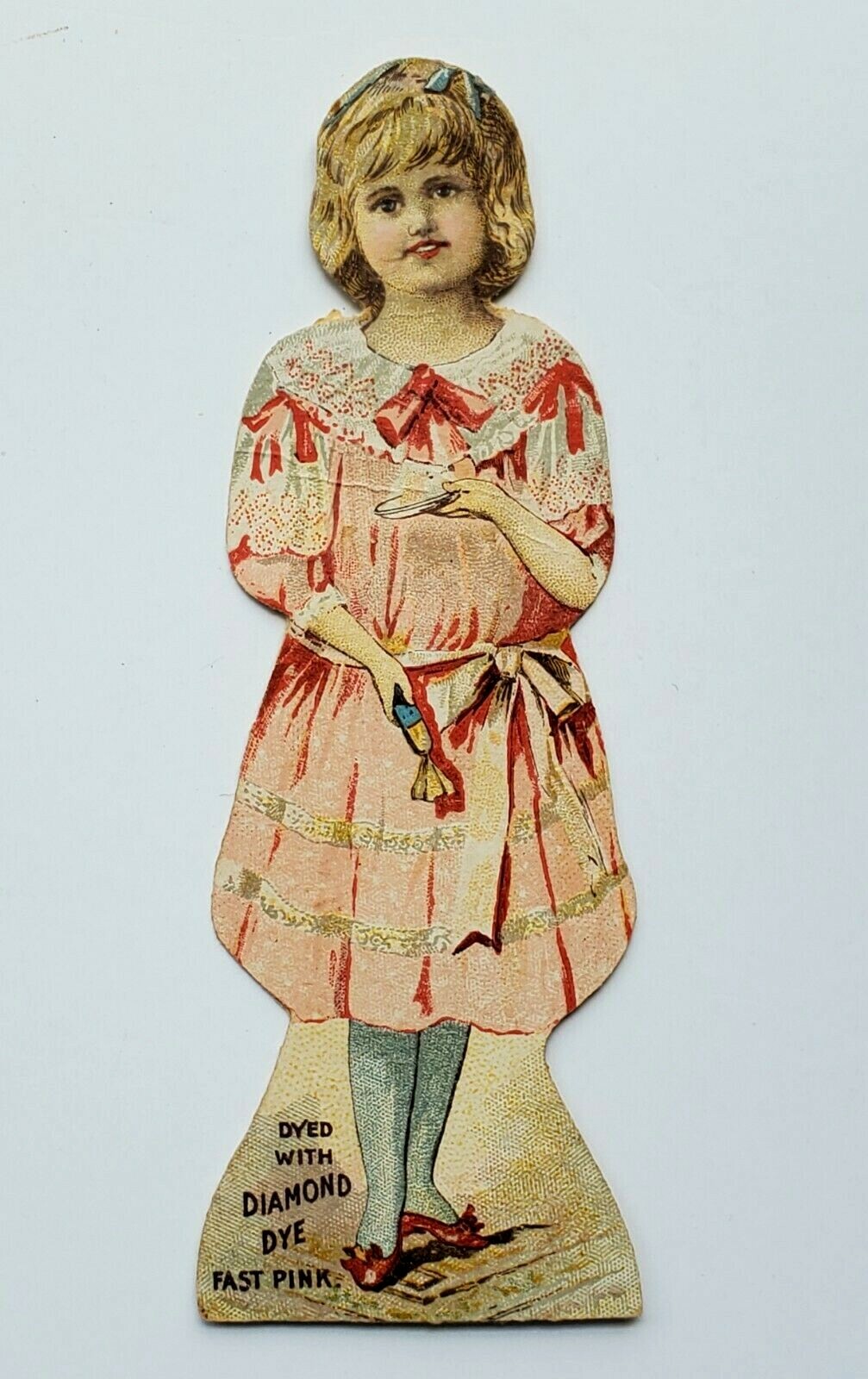 1890s Diamond Dye Fast Pink Die Cut Paper Doll Trade Card Antique Vintage Girl