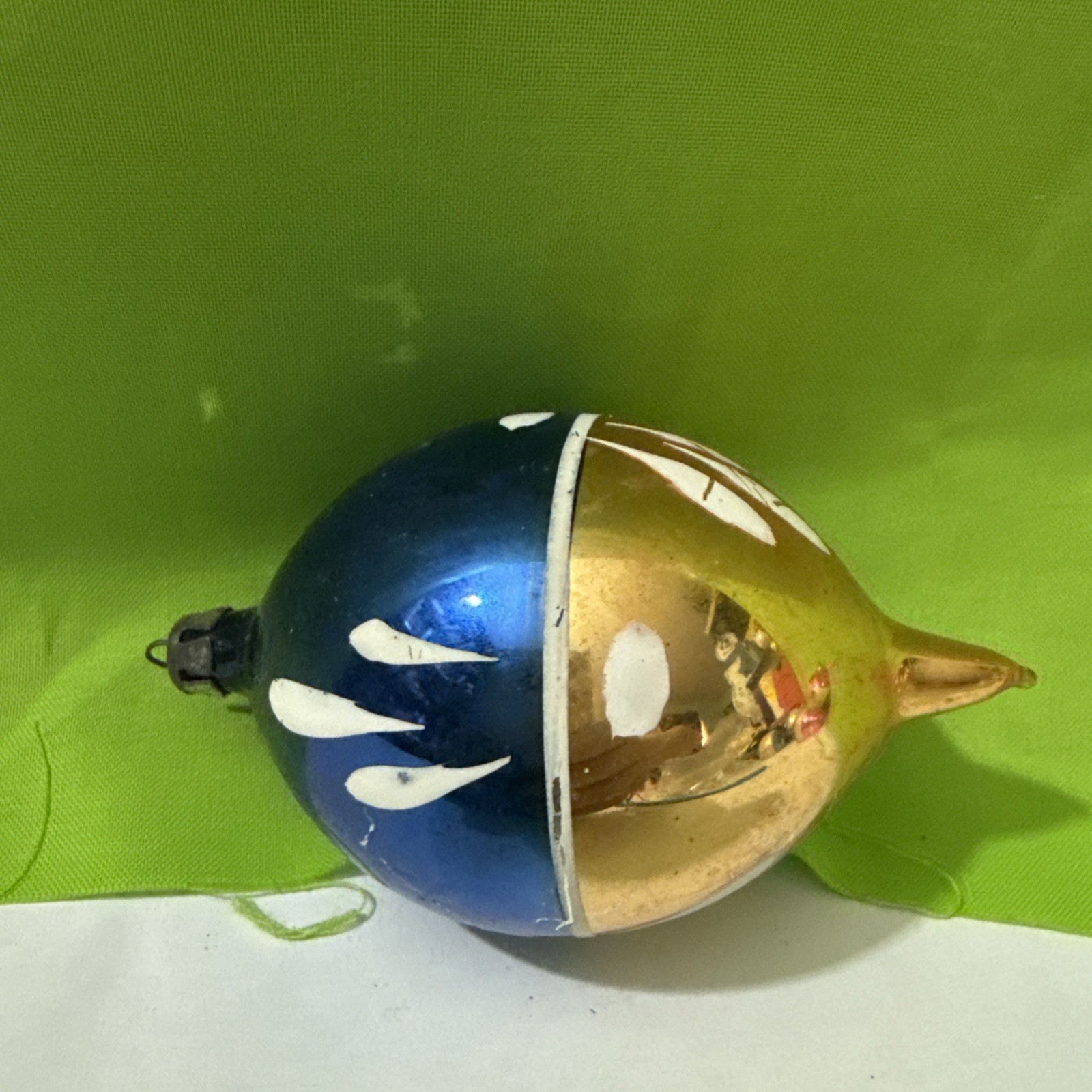 Antique Teardrop Christmas Ball Ornament Blown Glass Vintage Poland gold blue