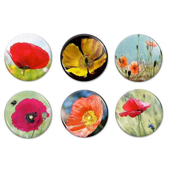 Poppy Fridge Magnets, 1.25″ Round Magnet set,party & wedding favors, set of 6