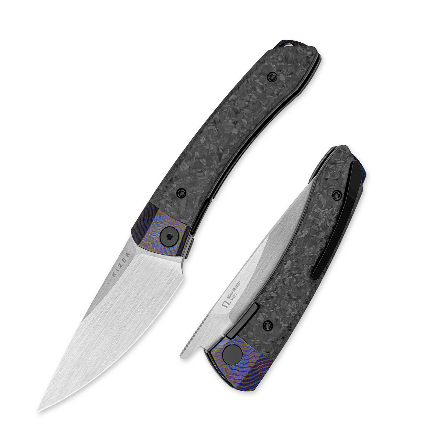 Kizer Mini MoMo Ki3663A4 Folding Knife Timascus/Marble CF M390 Drop Point Plain