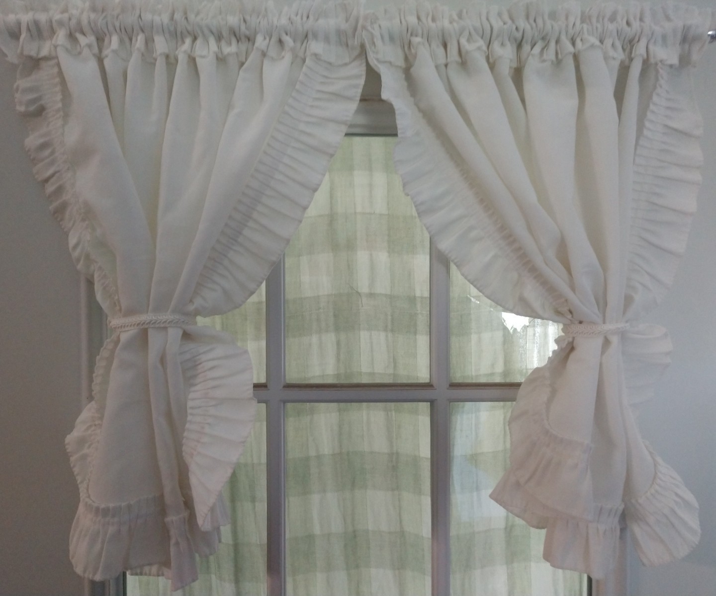 Cafe Curtain Ruffled Vintage White Panels Cotton Pair Of 2 Rod Pocket