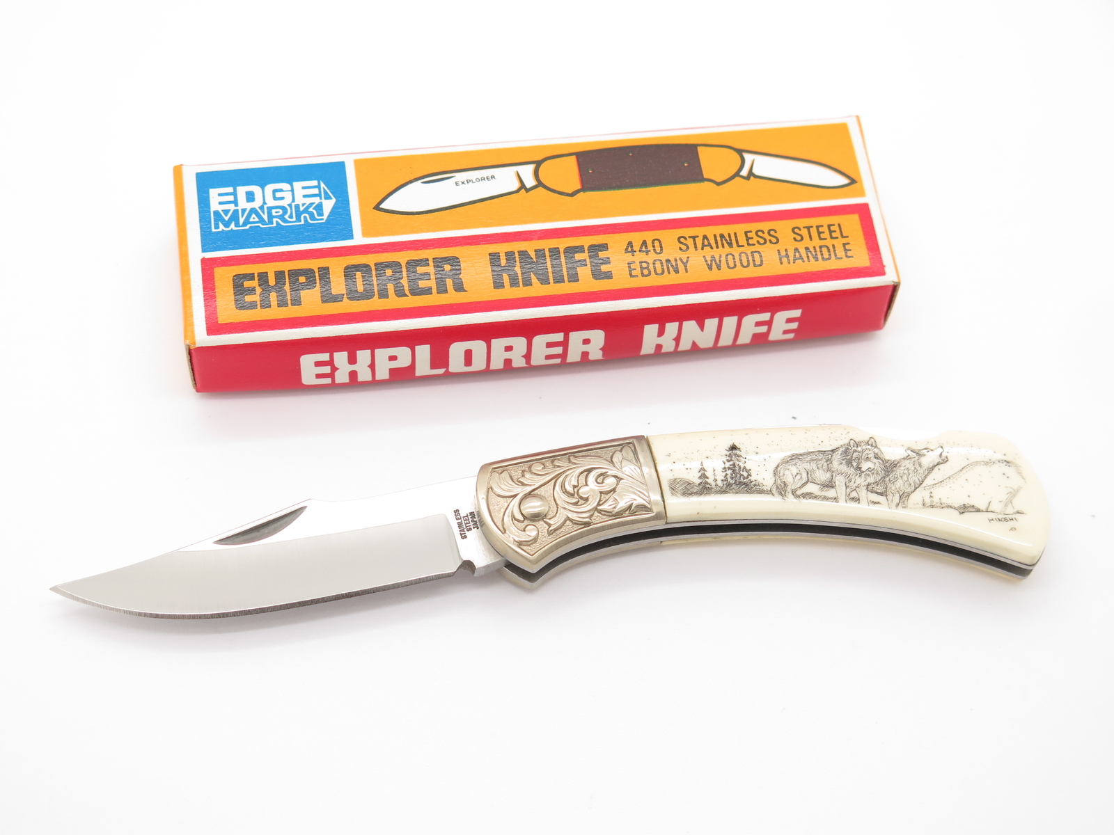Vtg Explorer G Sakai Seki Japan Wolf Scrimshaw 3.1 Folding Lockback Pocket Knife
