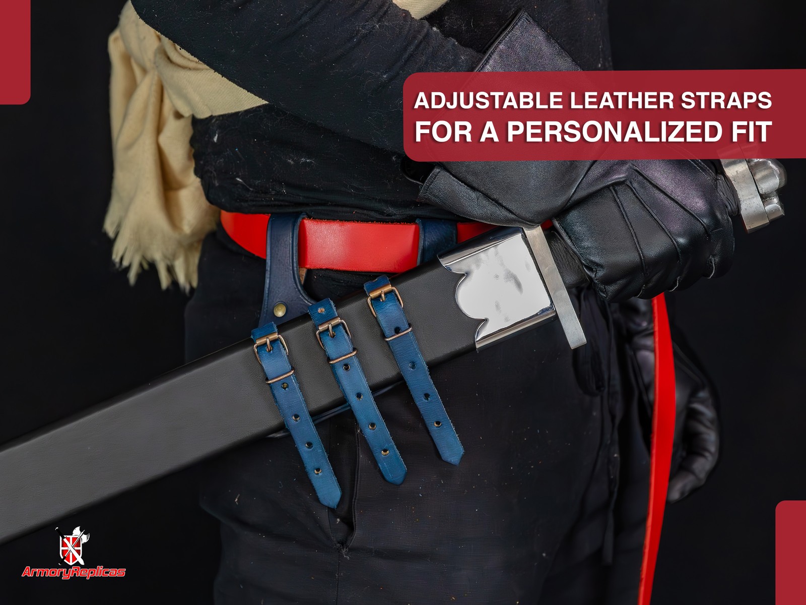 Medieval Functional Ace Dueler 3-Strap Genuine Leather Sword Frog Adjustable L/R
