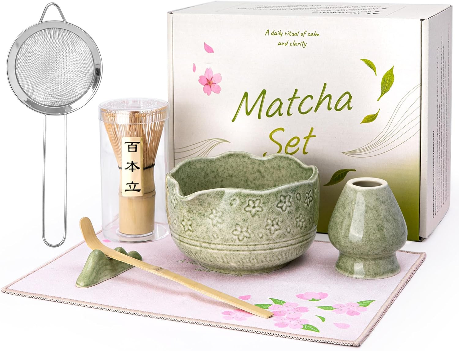 ALBISS Matcha Whisk Set – 7 Pcs Ceramic Matcha Kit with 18oz Spout Bowl & Cherry