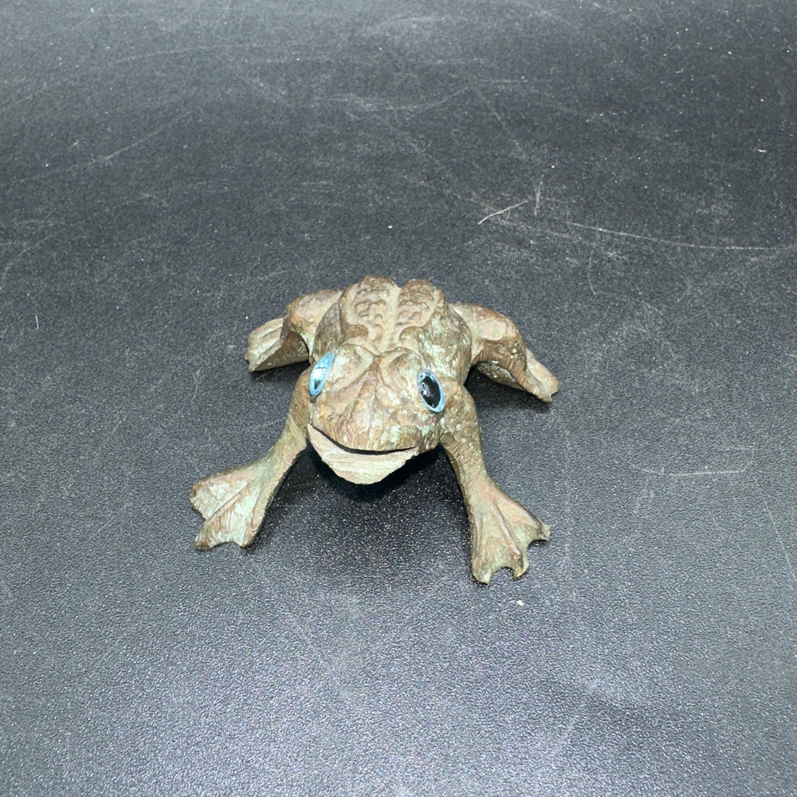 Vtg Small Bronze Frog Figurine With Green Patina Sculpture Decoration 2”
