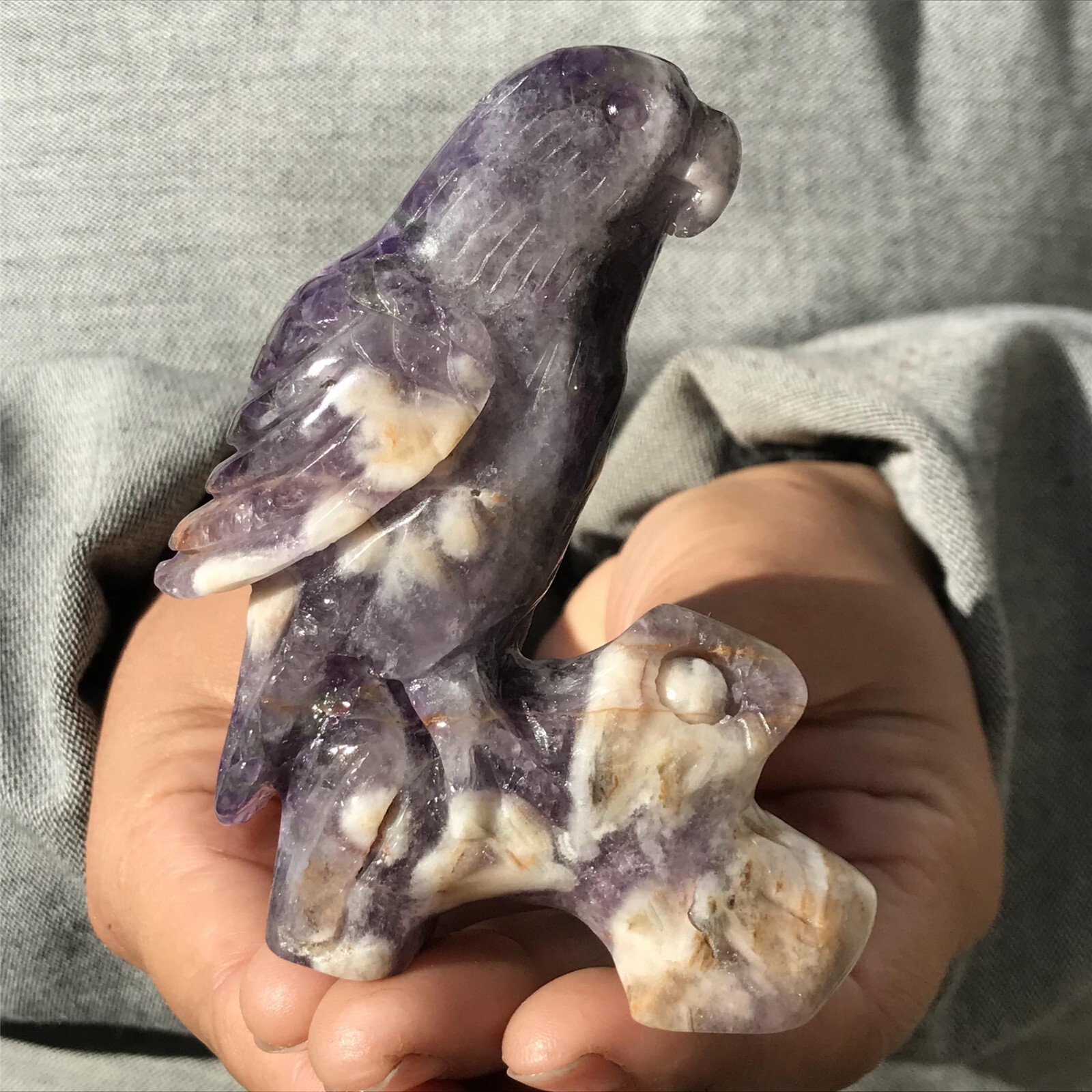 0.33LB Natural Dreamy Amethyst parrot Skull Quartz Crystal Carved Reiki healing