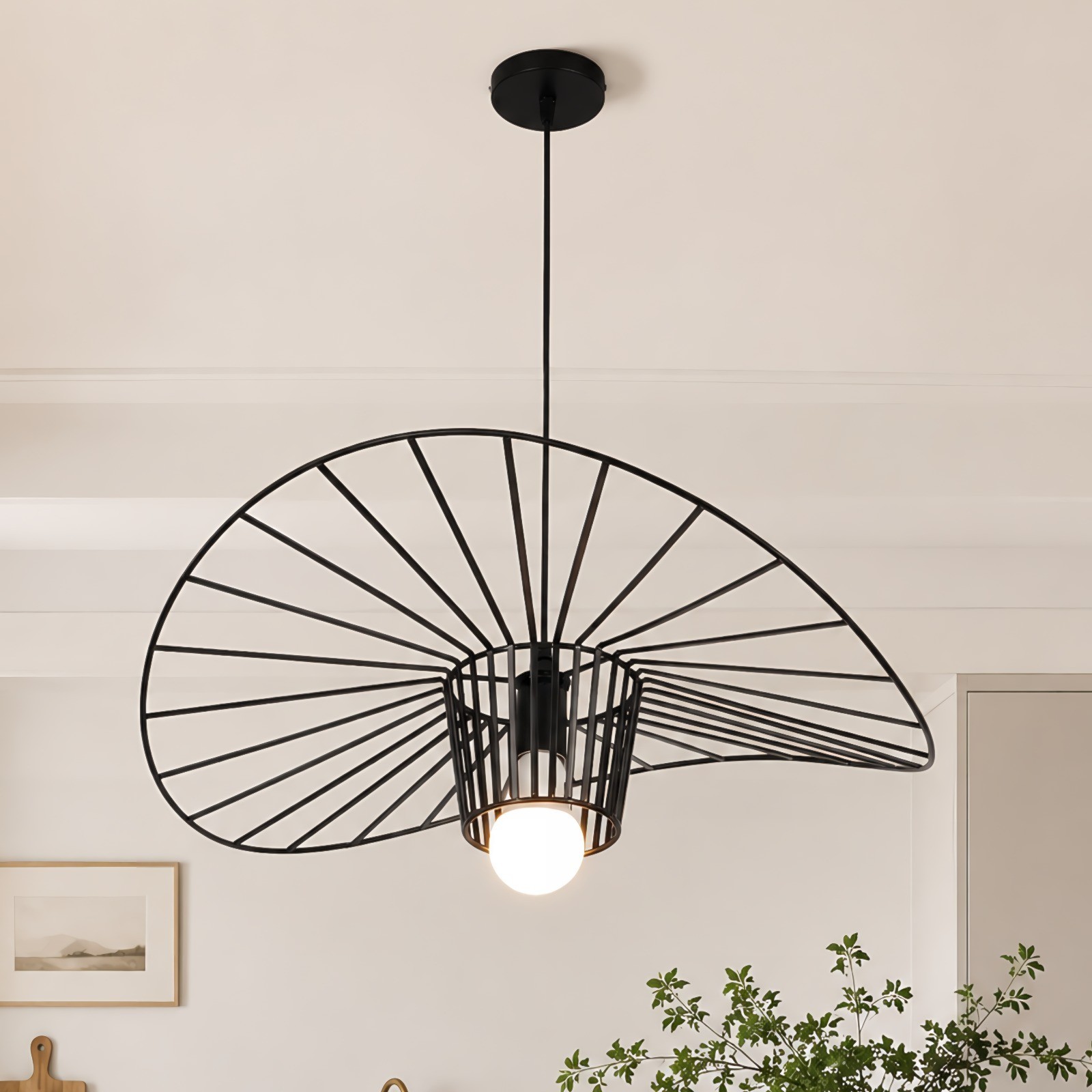 24 In Black Straw Hat Shaped Pendant Light, Creative Restaurant Decoration Light