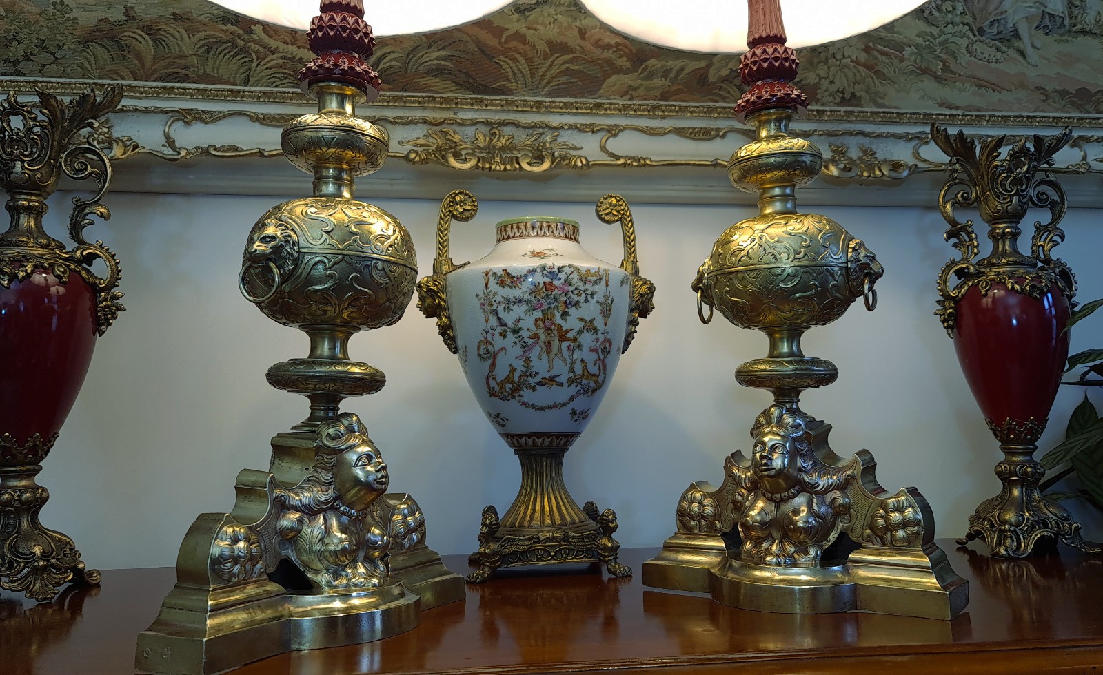 Antique Mythical Empire/Regency style Victorian Pair of Brass Lamps & Shades