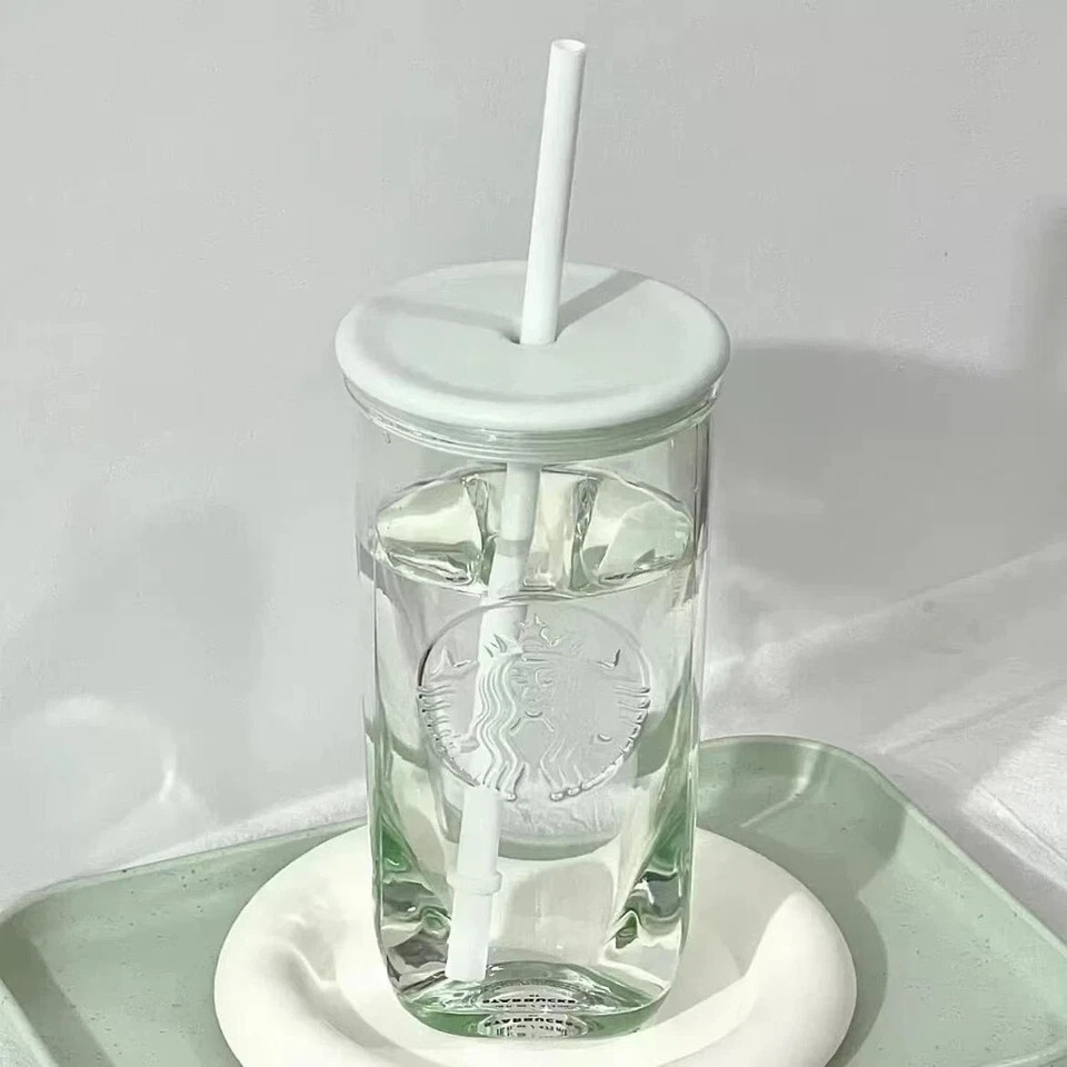 Starbucks Cup Mint Green Triangular Shape Glass Cup Water Straw Cup w/ Lid 473ml