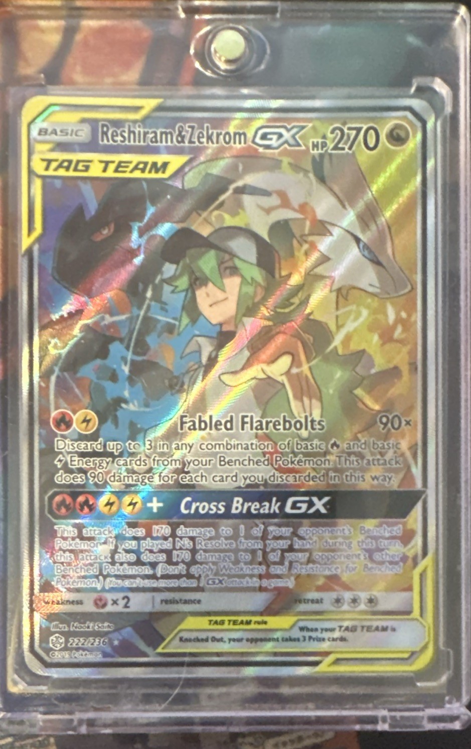 Pokemon Reshiram & Zekrom GX Full Art Holo Card 222/236 Sm-Cosmic Eclipse
