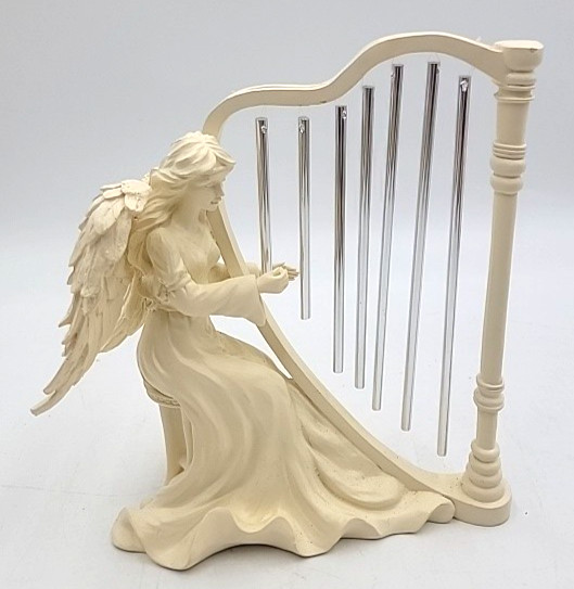 Angel Playing Harp Ivory Color Metal Windchimes 8” Tall PolyResin Statue 2002