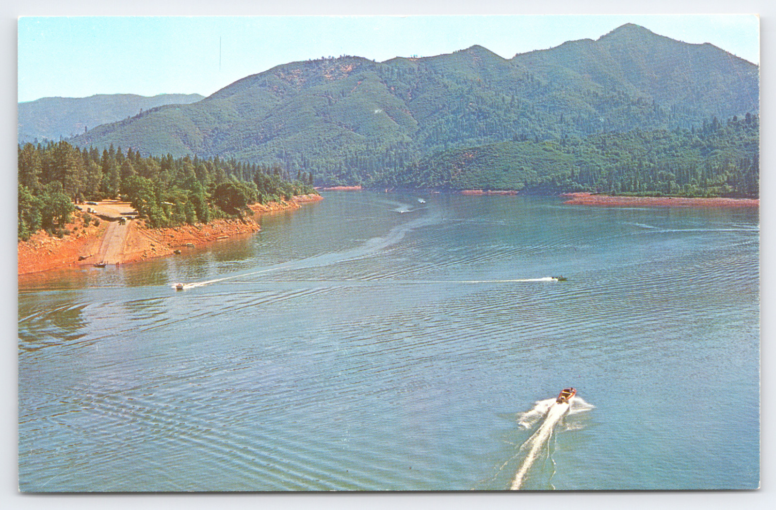 Vintage Postcard Shasta Lake California Aerial View Speed Boats on Water