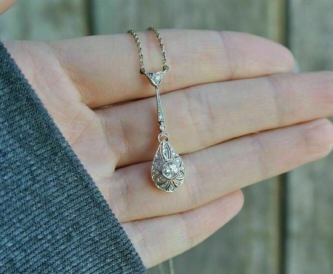 Art Deco Round Cut Lab Created Diamond Vintage Charm Wedding 925 Silver Pendant