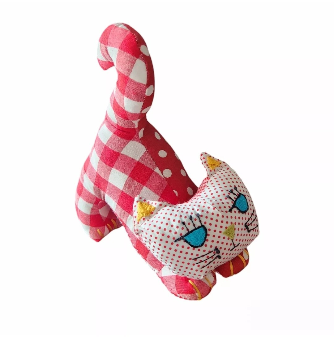 Hand Crafted Folk Art Stuffed Animal Patchwork Cat Red Soma Artisans Turkey