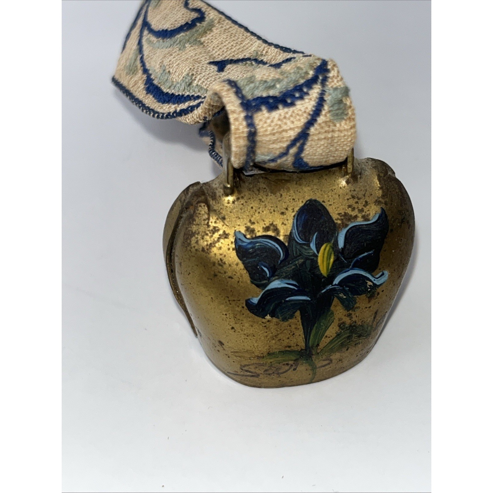 Vintage Cowbell Switzerland Brass Hand Painted With Hand Embroidered Ribbon
