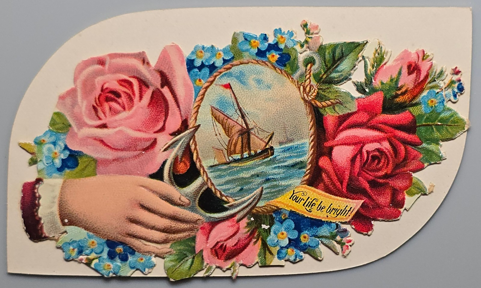 Antique Victorian Calling Card Sailboat Roses Forget Me Nots Die Cut Embossed
