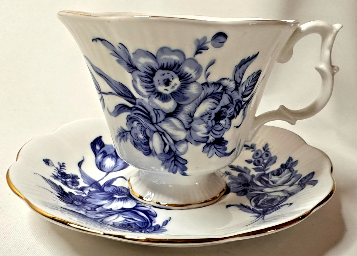 Royal Albert Blue Floral Teacup Saucer Bone China England Gold Trim Fancy Handle