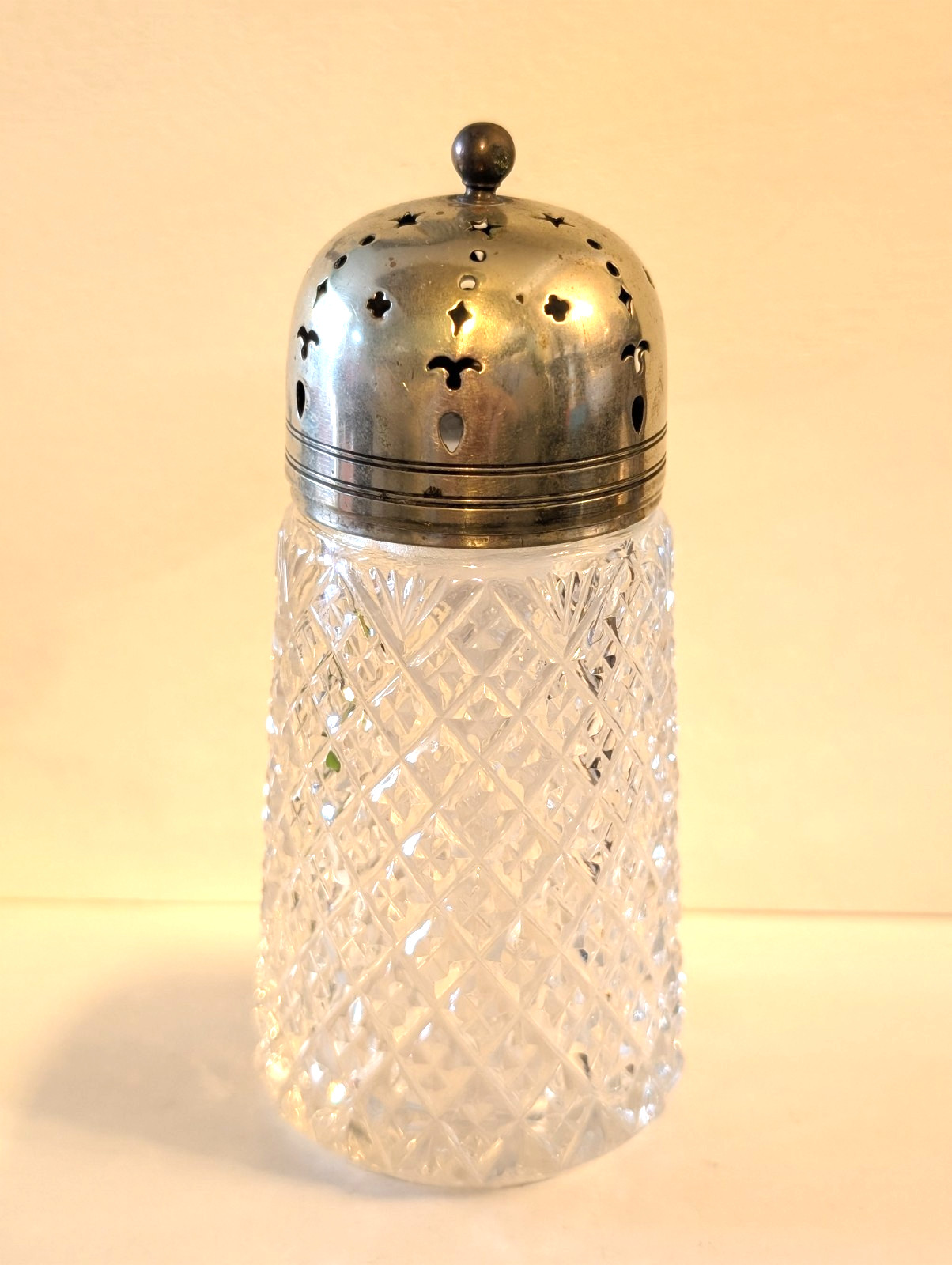 Antique Cut Glass Sugar Caster Dredger Silverplate Pierced Star Dome Lid