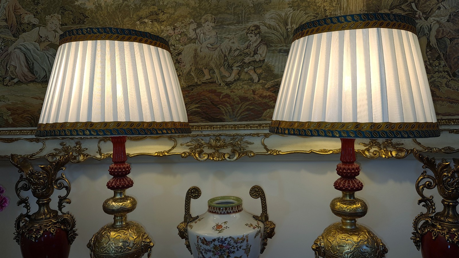 Antique Mythical Empire/Regency style Victorian Pair of Brass Lamps & Shades