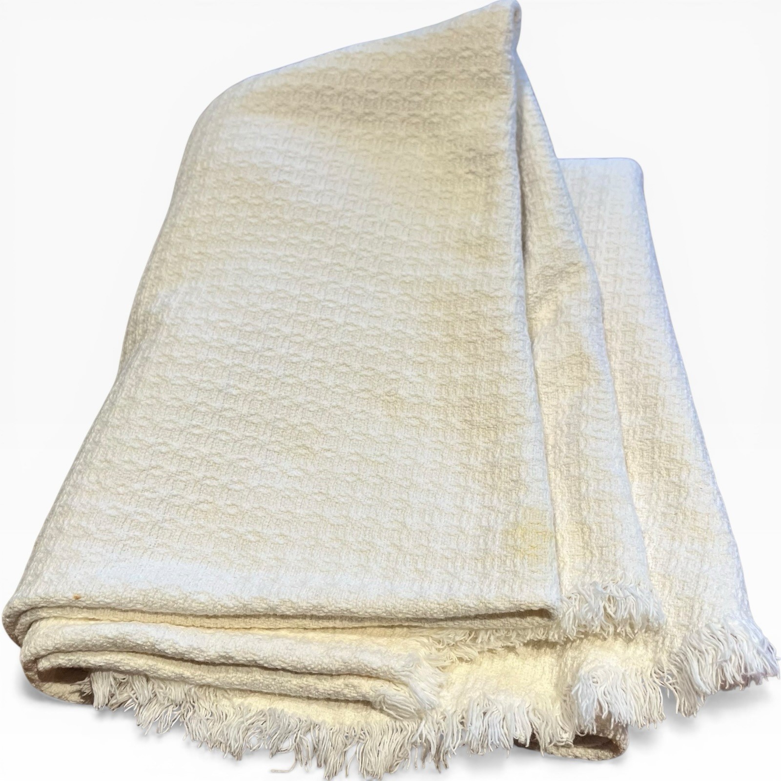VTG Homespun Cotton Texture Fringe Tablecloth White 78″ Farmhouse Rustic Cottage
