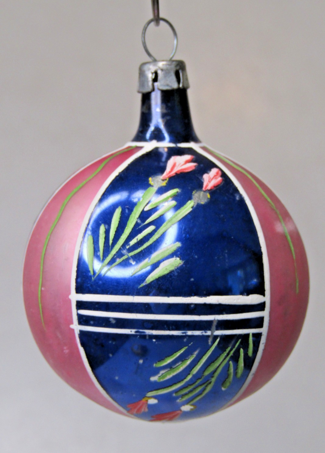 Vintage Glass Stencil Pictured PINK FLOWER BALL Christmas Ornament Poland