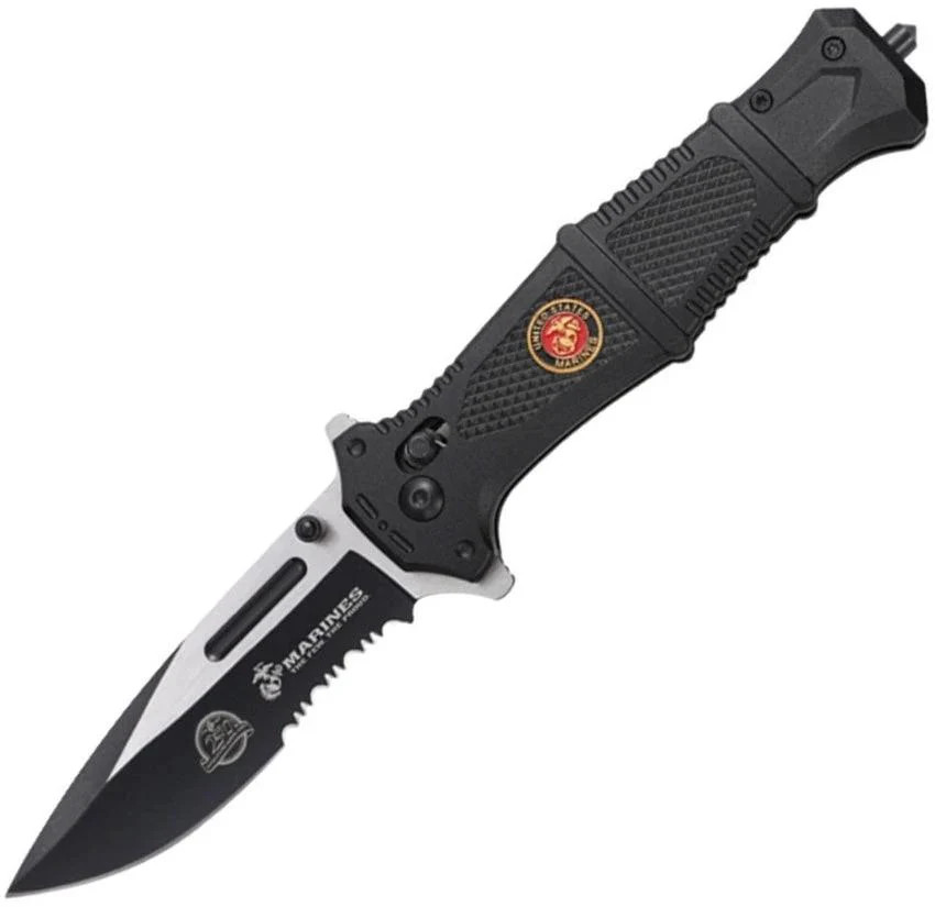 USMC Rapid Lock Black Folding Pocket Knife Aluminum Handle EDC Camping Hunting