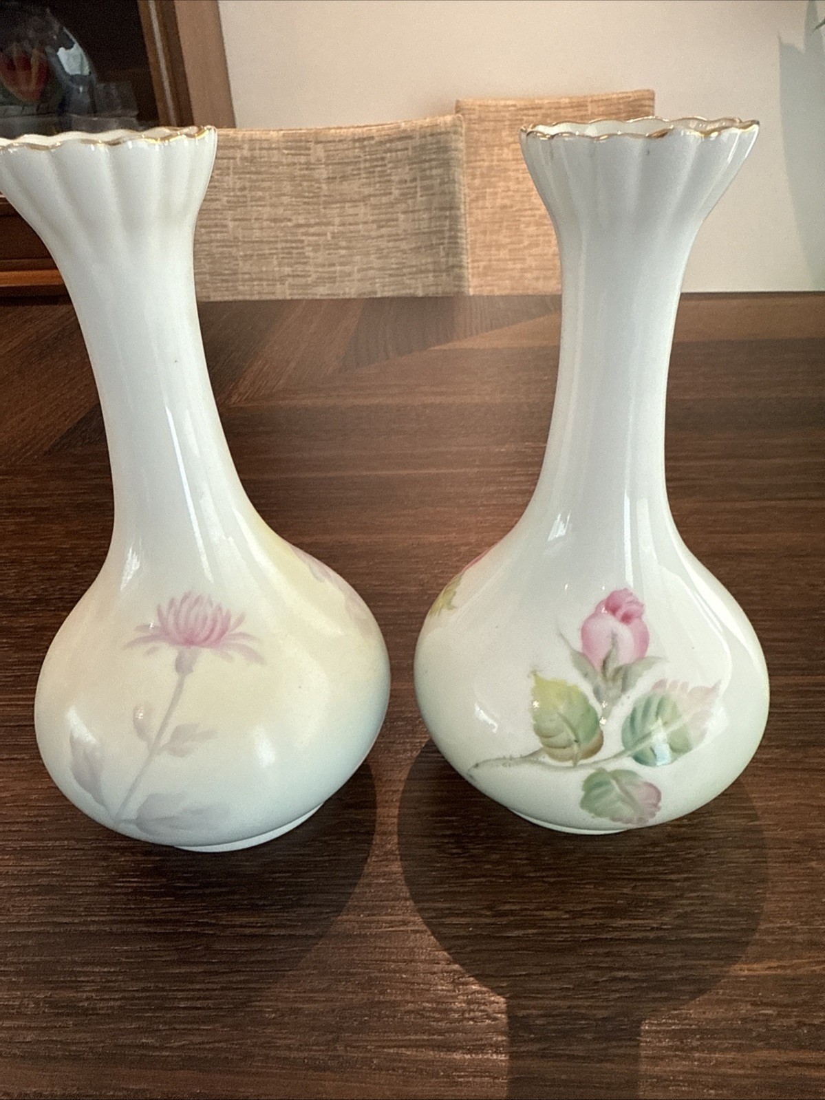 Noritake Morimora Pair Bone China Flower Vases W/Gold Trim Hand Painted Japan