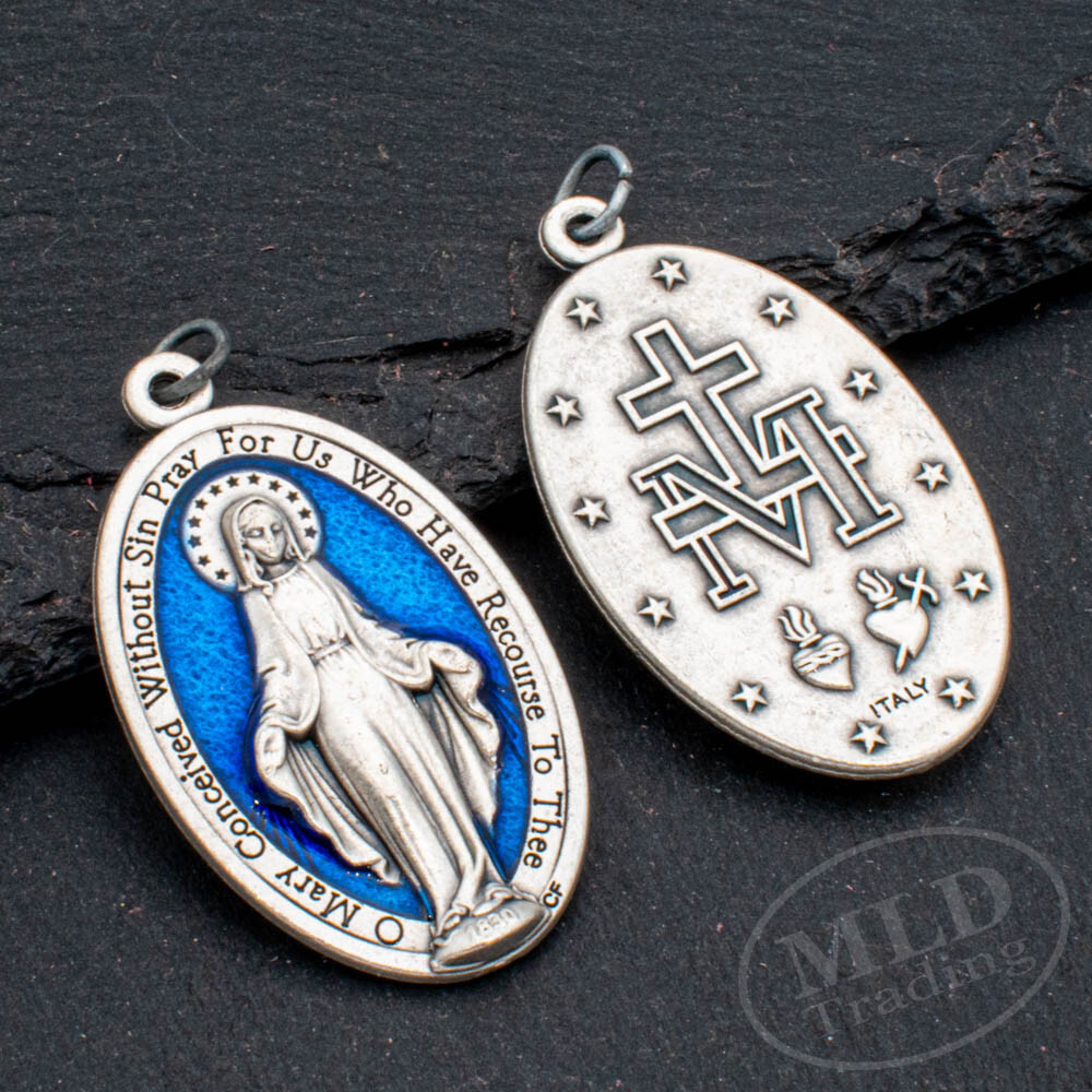 Miraculous Medal Pendant Large 1.75″ Silver Oxidized w Blue Enamel Made In Italy