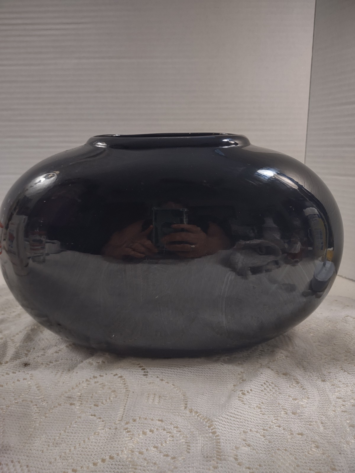 Vintage 80s Black Art Deco Ceramic Glass Oval Vase Large Contemporary Decor