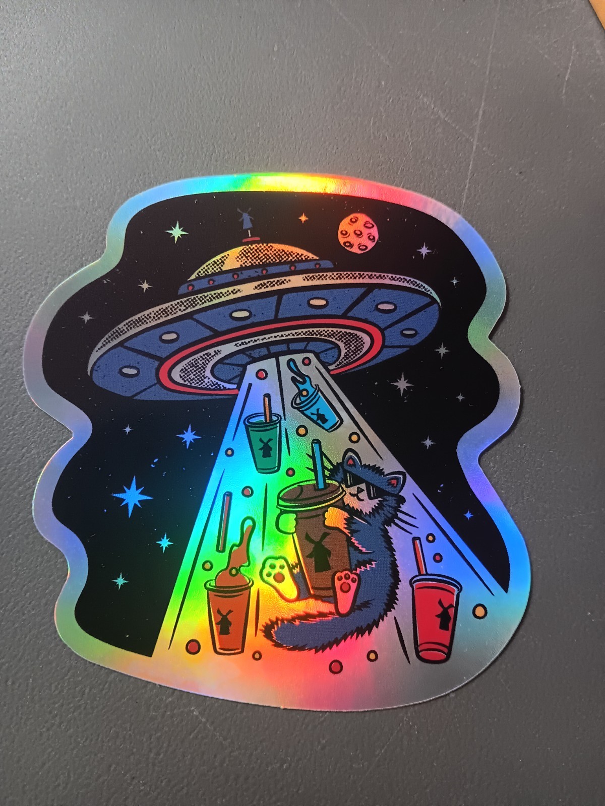 Dutch Bros Coffee July 2026 Holographic Cat Alien UFO Spaceship Sticker