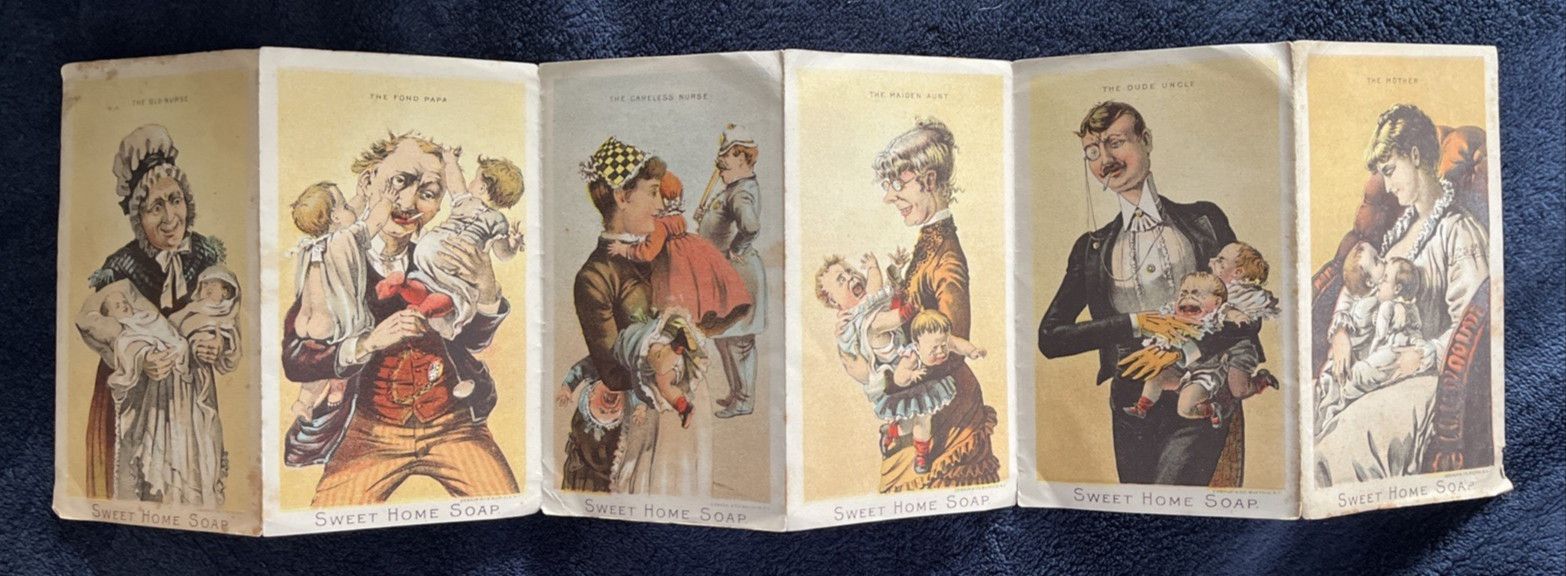 c1890 JL Larkin & Co Sweet Home Family Soap Six Panel Litho Fold Ad Illus Babies