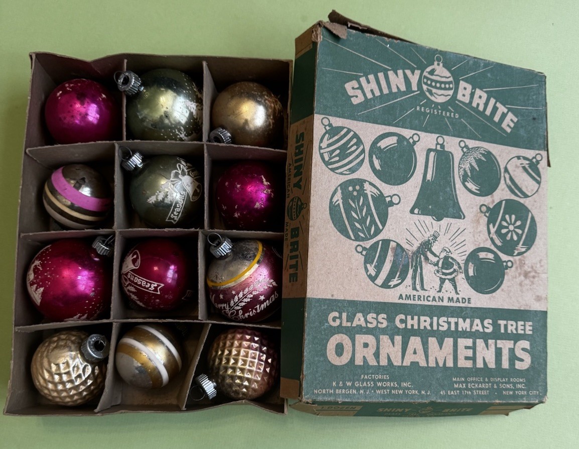 Shiny Brite Mercury Glass Christmas Ornaments Vintage, Box Of 12 Printed Striped