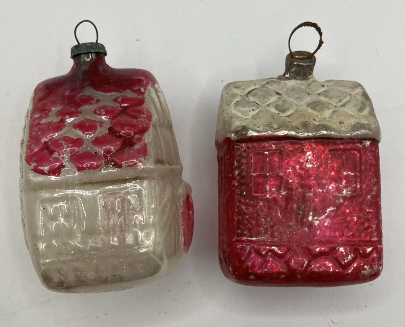 OLD Lot of 2 German Glass Square House Cottage Ornaments Feather Tree