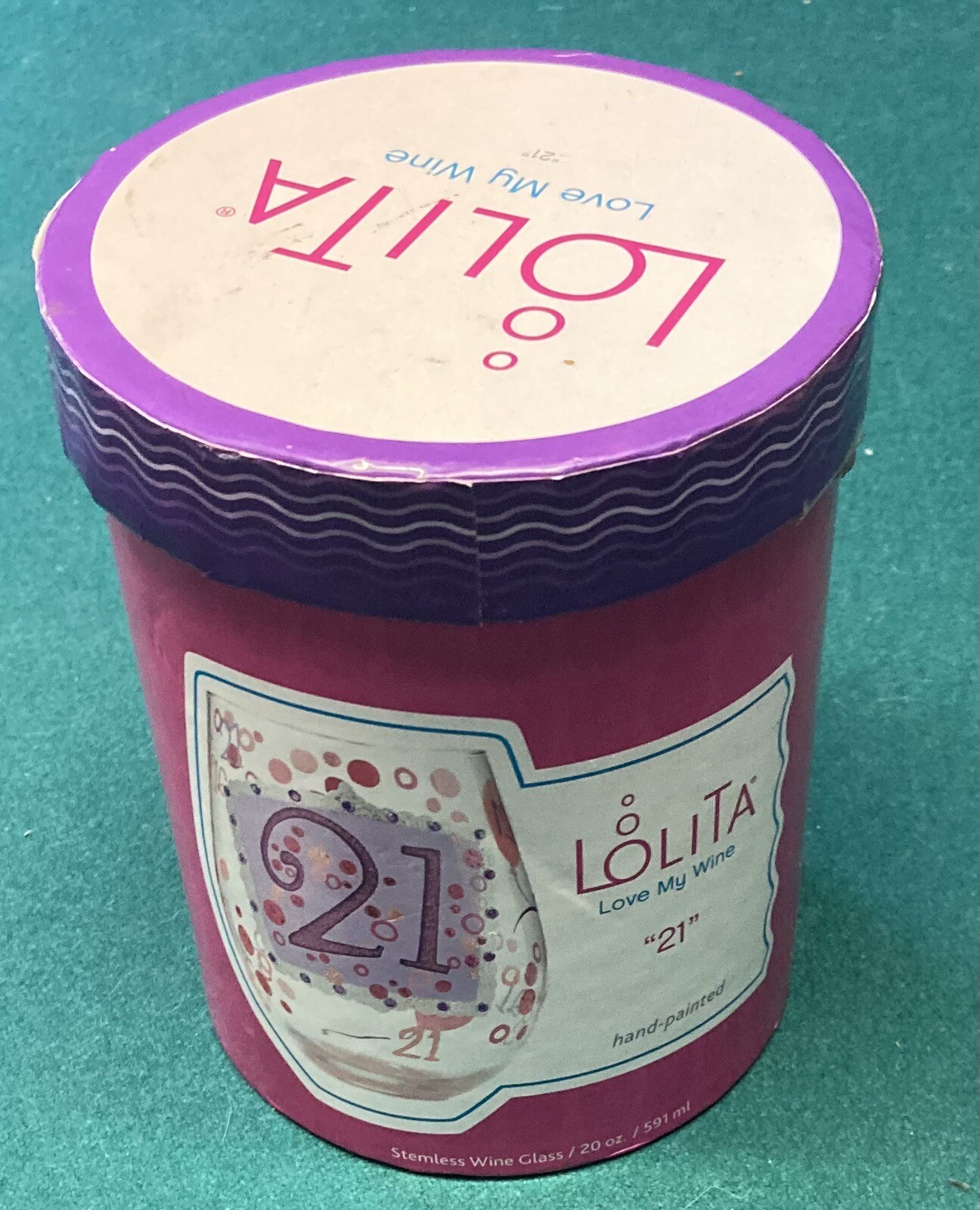 Lolita Hand painted 10oz Wine Glass Glass “ 21 “. Great Gift! Brand New in Box!