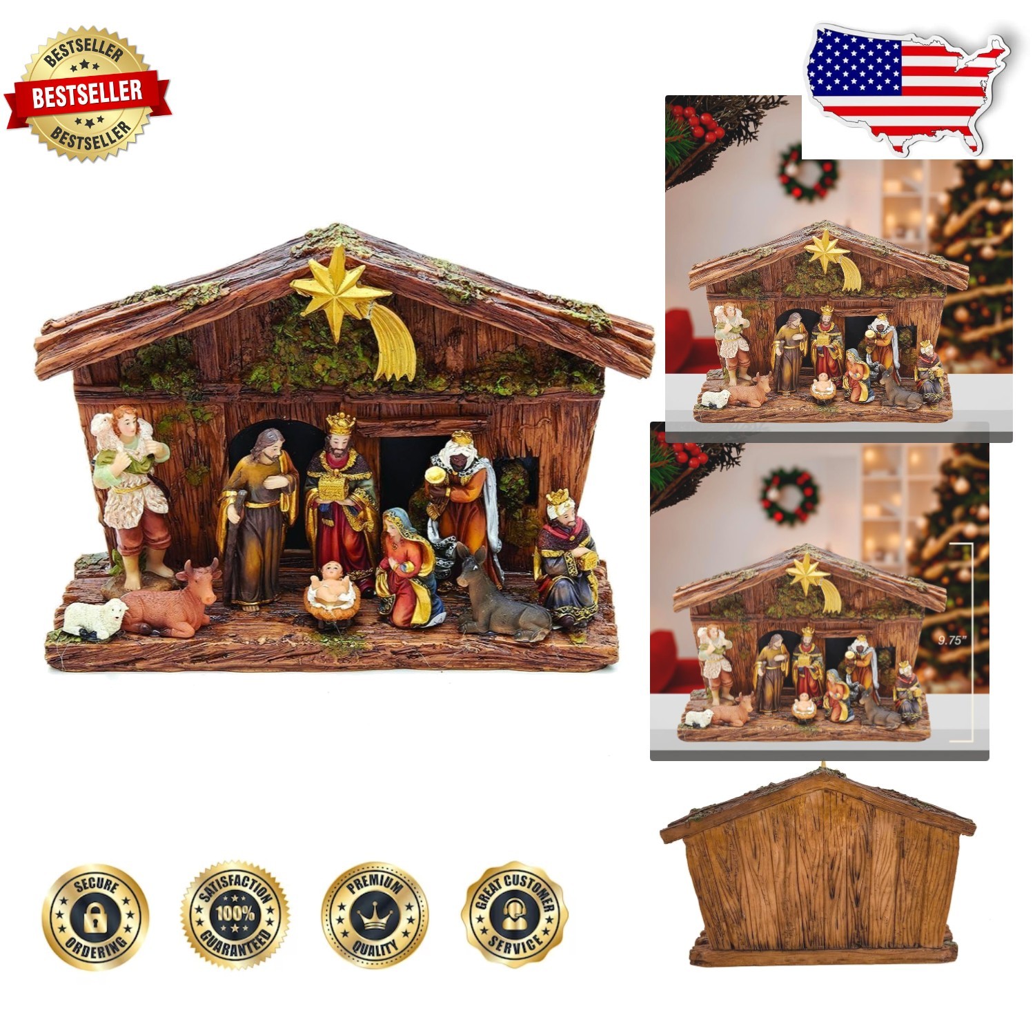 Complete 11pc Nativity Set, Multicolor Classic Style, Stable, Religious Decor