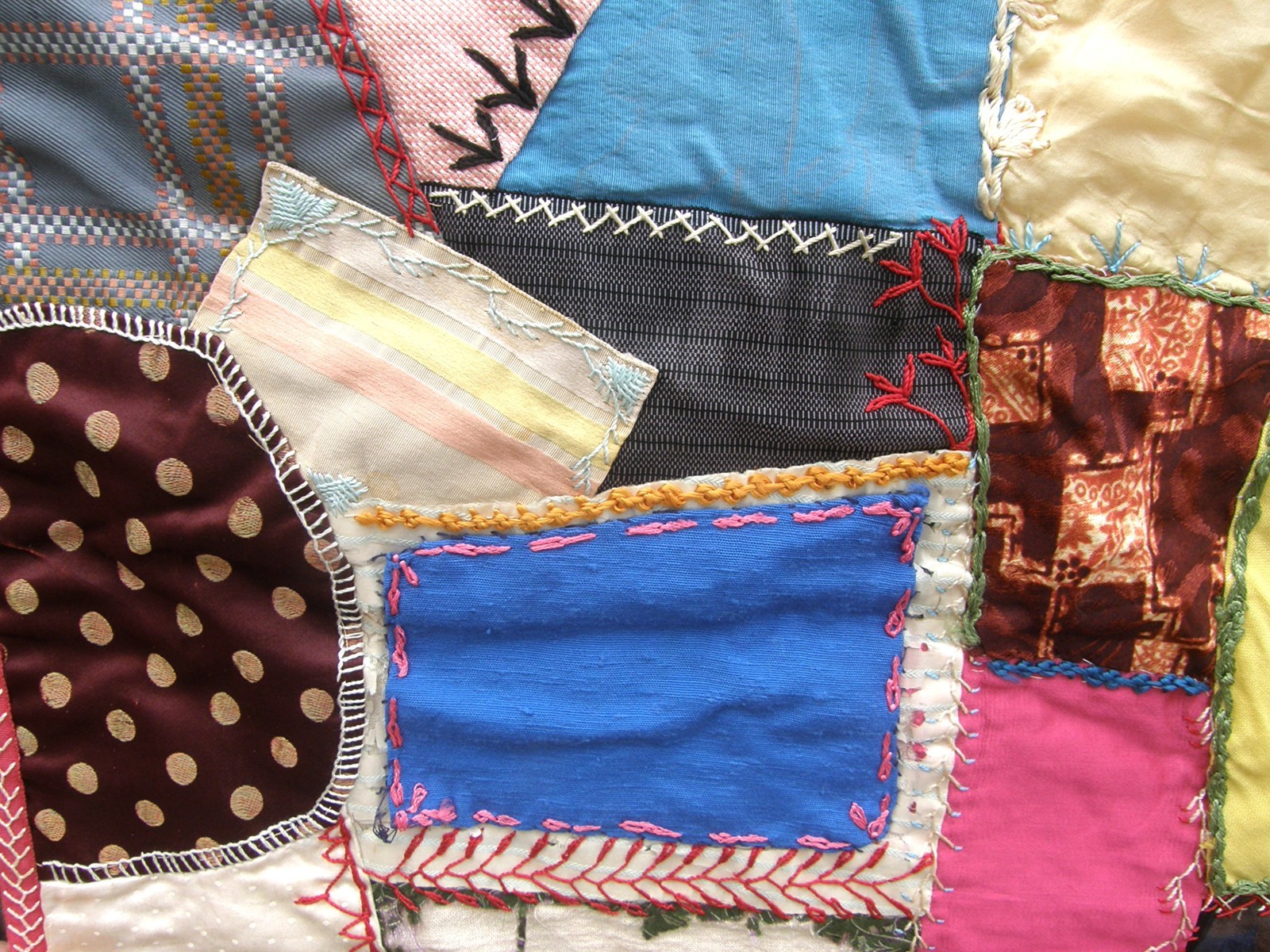 Antq Crazy Quilt HandSewn Silks& Fabrics SO MANY Embroidery Stitches 84×84″ READ