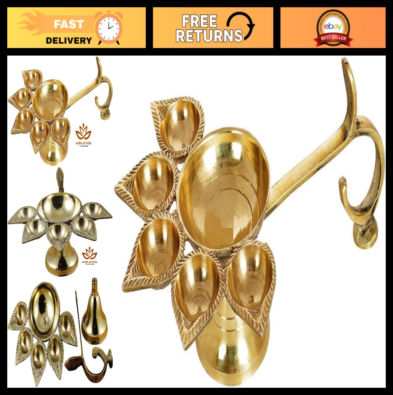 Handheld Brass Oil Lamp Diya for Puja Aarti, Diwali & Navratri Festival Decor
