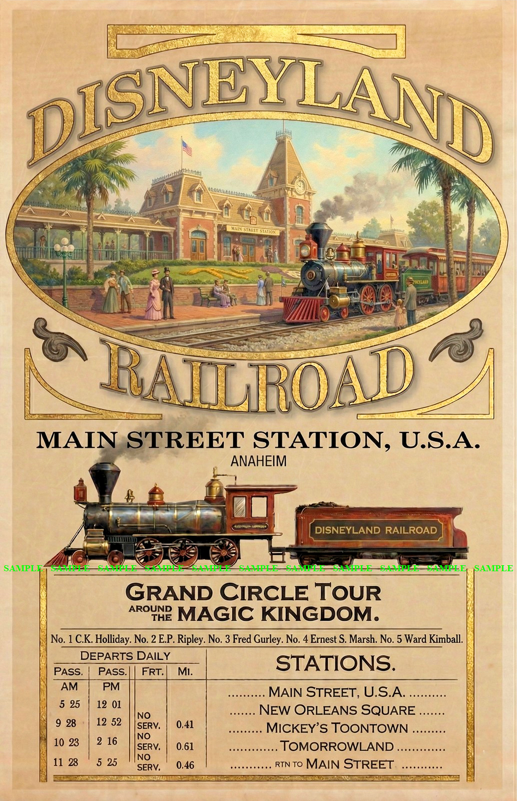 Disneyland Railroad Main Street USA Station Train Poster 11 x 17 Timetable