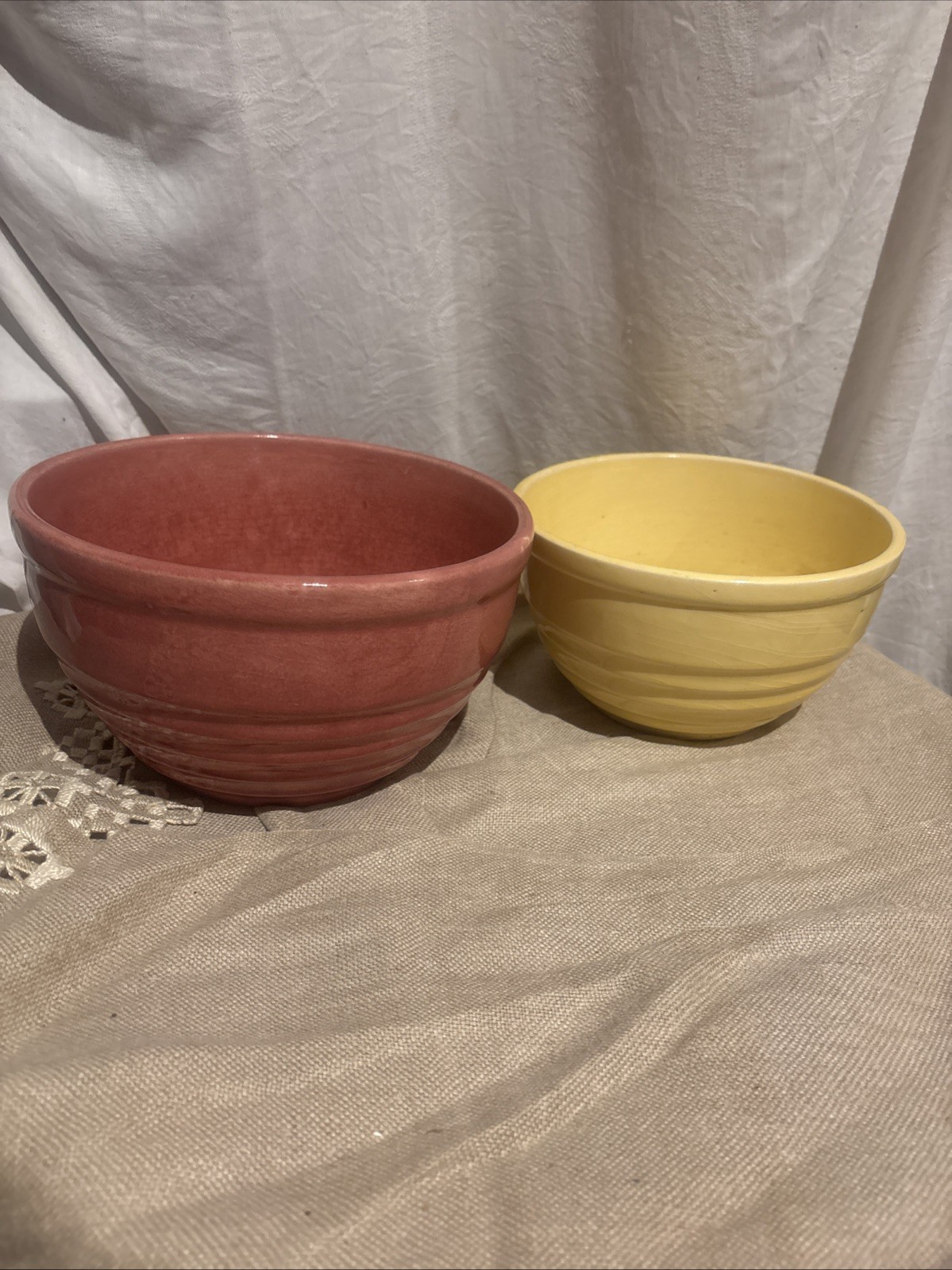 2 Vintage Bauer Ringware mixing bowls-Rose & Yellow Color 9” & 8in Diameter