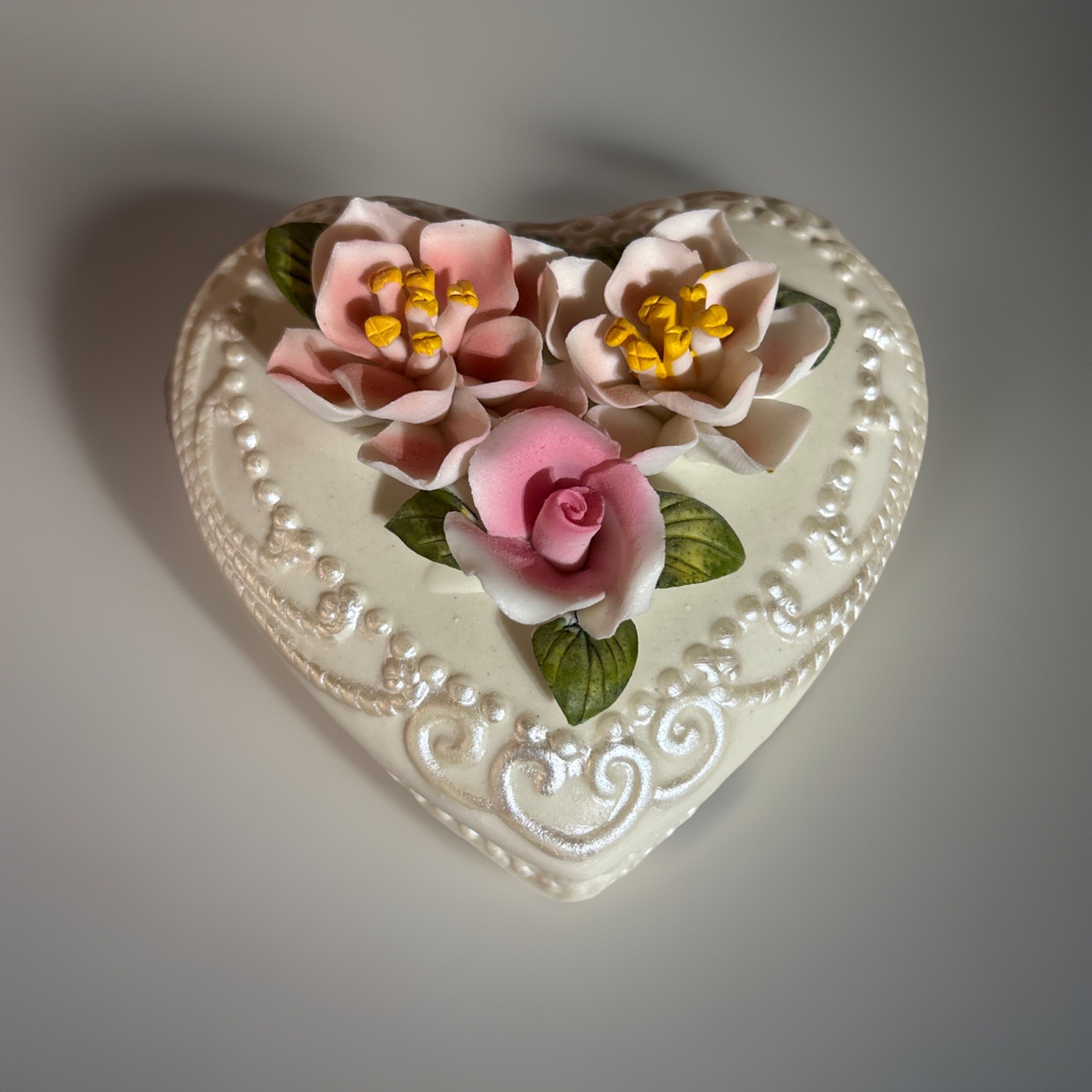 Vintage Heart‑Shaped Porcelain Trinket Box Raised Pearl Detail & Pink Floral Lid
