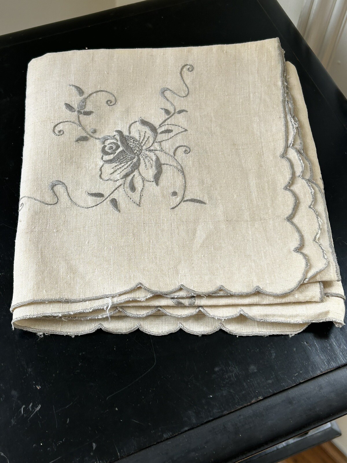 VTG Tablecloth Embroidered Card Table Topper Ecru Gray Scalloped Floral Linen