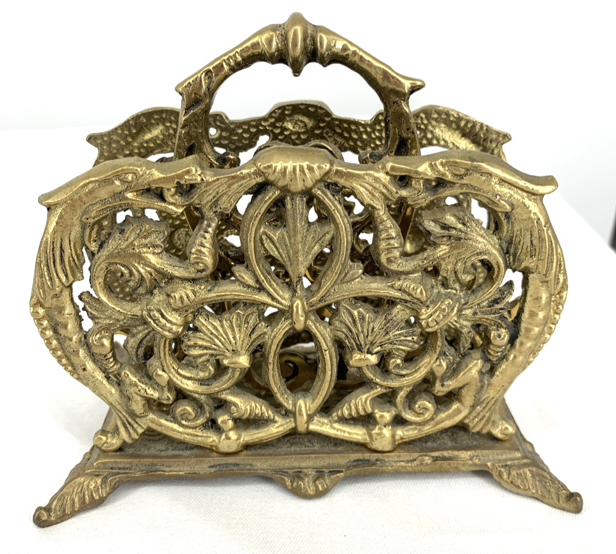 Brass Letter Napkin Holder Desk Organizer Floral Baroque Ornate Heavy 6″
