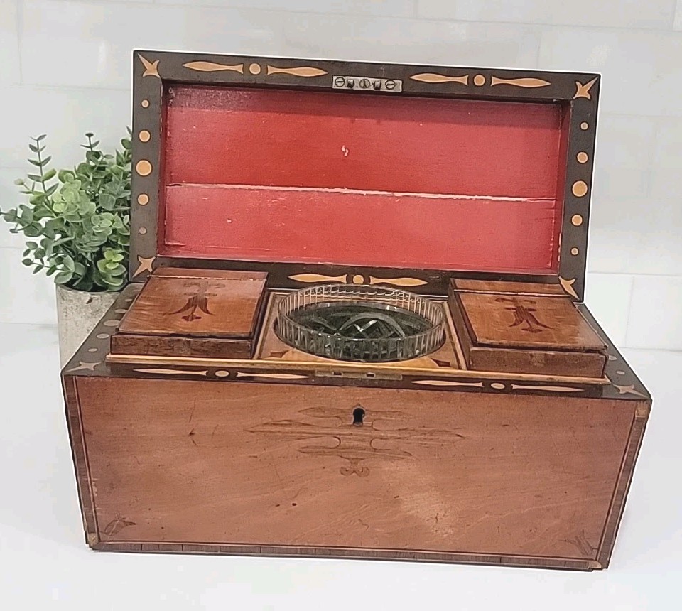 Antique English Early 19th Century Triple Tea Chest Caddy Box w/ Inlay