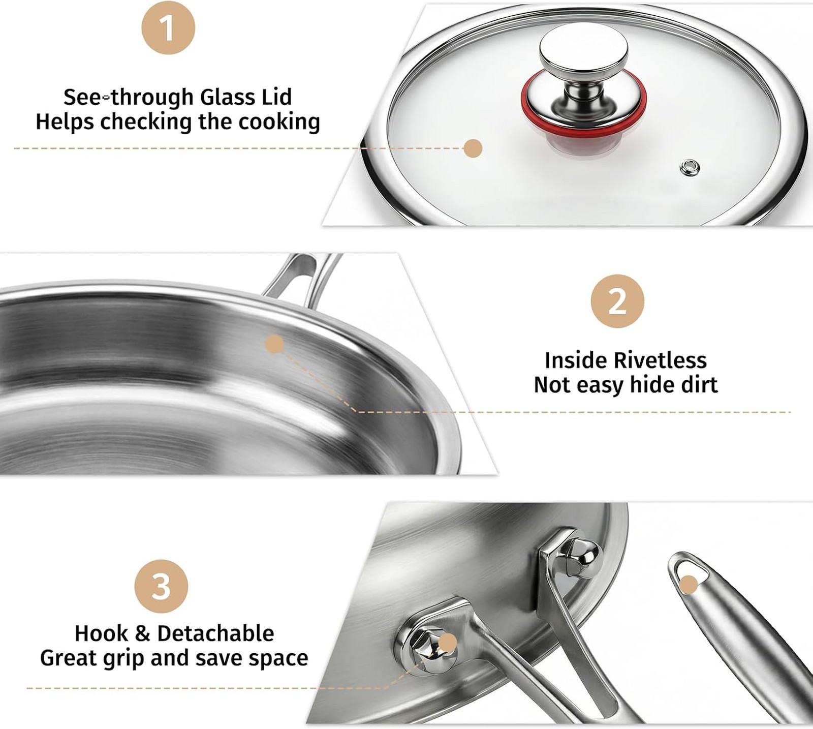 Stainless Steel Frying Pan Set 13 Pieces with Lids Induction Compatible Skillets