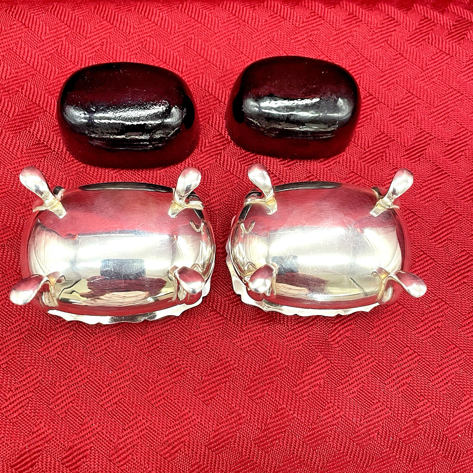 VINTAGE OVAL SALT CELLARS WITH SPOONS AND COBALT BLUE GLASS LINERS SET OF 2