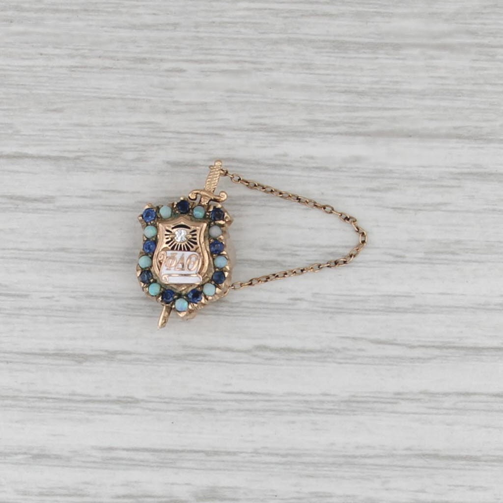 Phi Delta Theta Badge 14k Gold Sapphire Opal Diamond Shield Sword Fraternity Pin