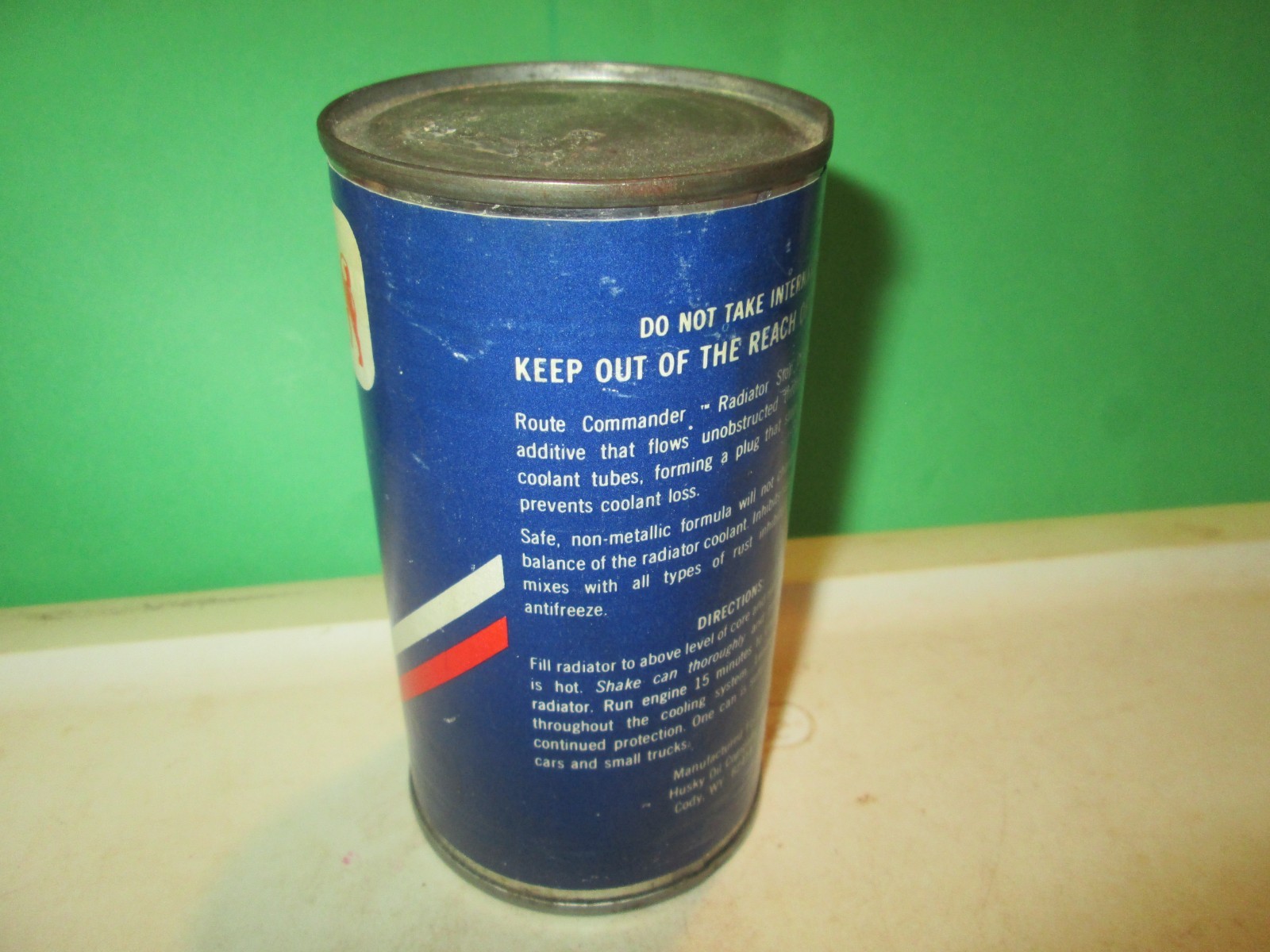 VTG METAL Can PAPER LABEL ROUTE COMMANDER RADIATOR Stop Leak HUSKY OIL C CODY WY