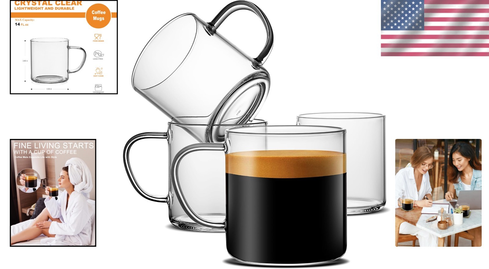 Coffee Mug Set of 4 14 oz Clear Borosilicate Glass Cups Heat Resistant Durable