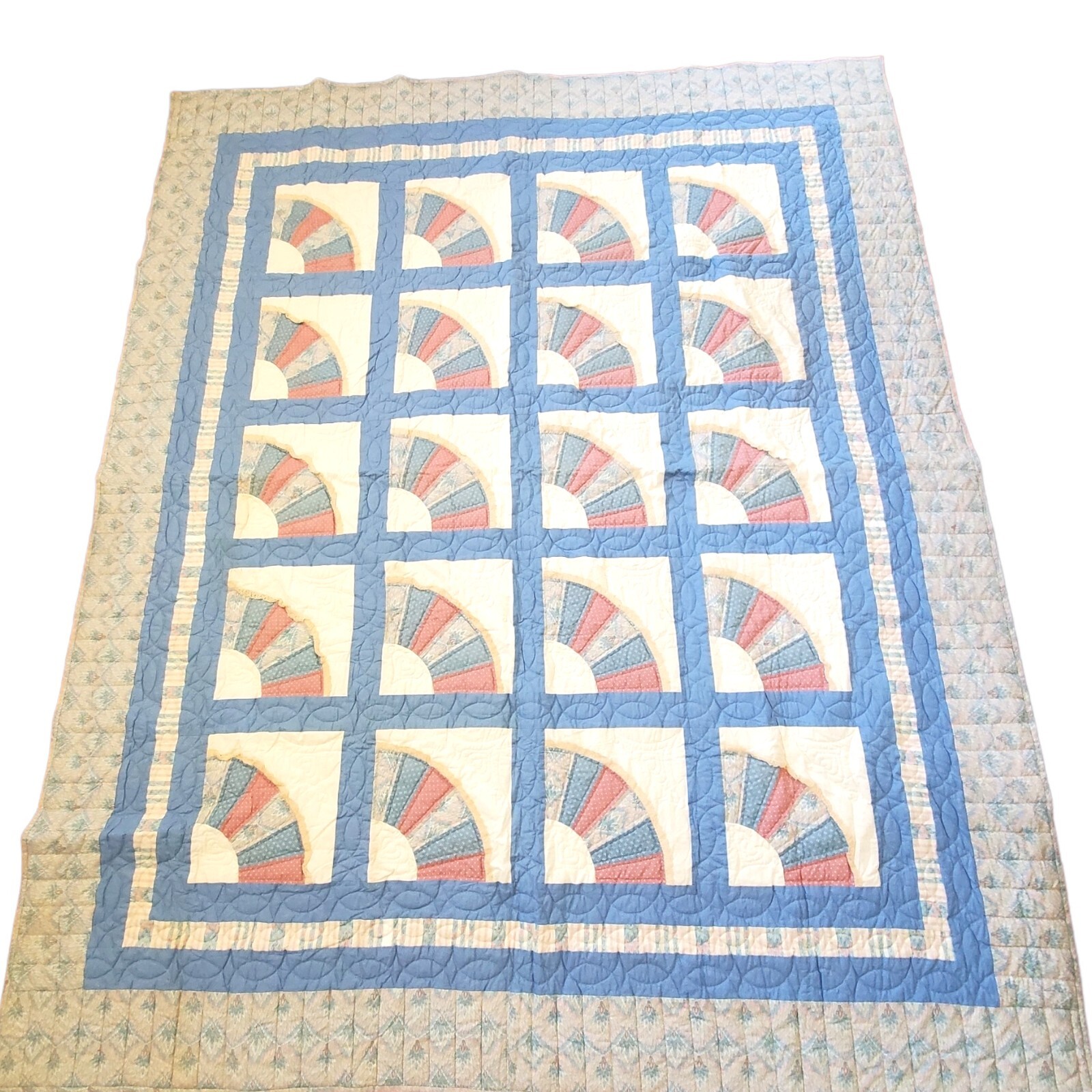 Grandmother’s Fan QUILT Handmade Queen Farmhouse Blue Pink 97×80 Vintage 1990s