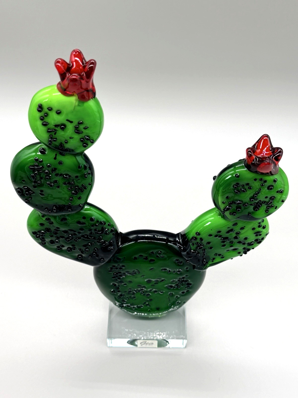 GCA Art Glass Prickly Pear Cactus Sculpture Murano Style Green Red Flower 12.5″